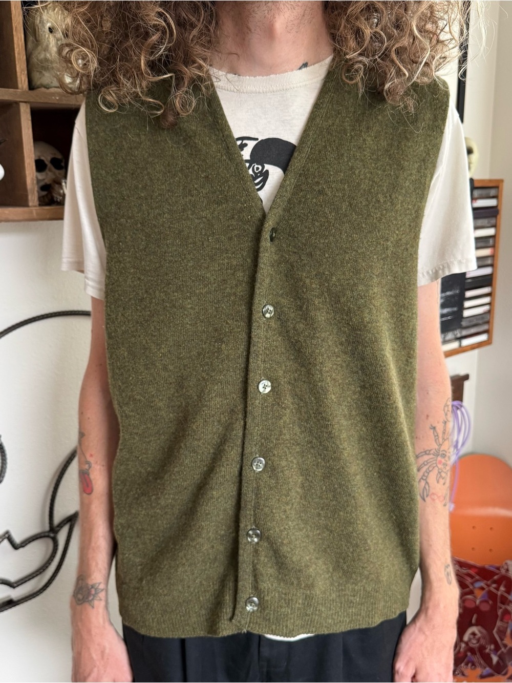 Vintage 60s Lambswool Olive Green Knit Sweater Vest Towncraft Penneys ~ Size L